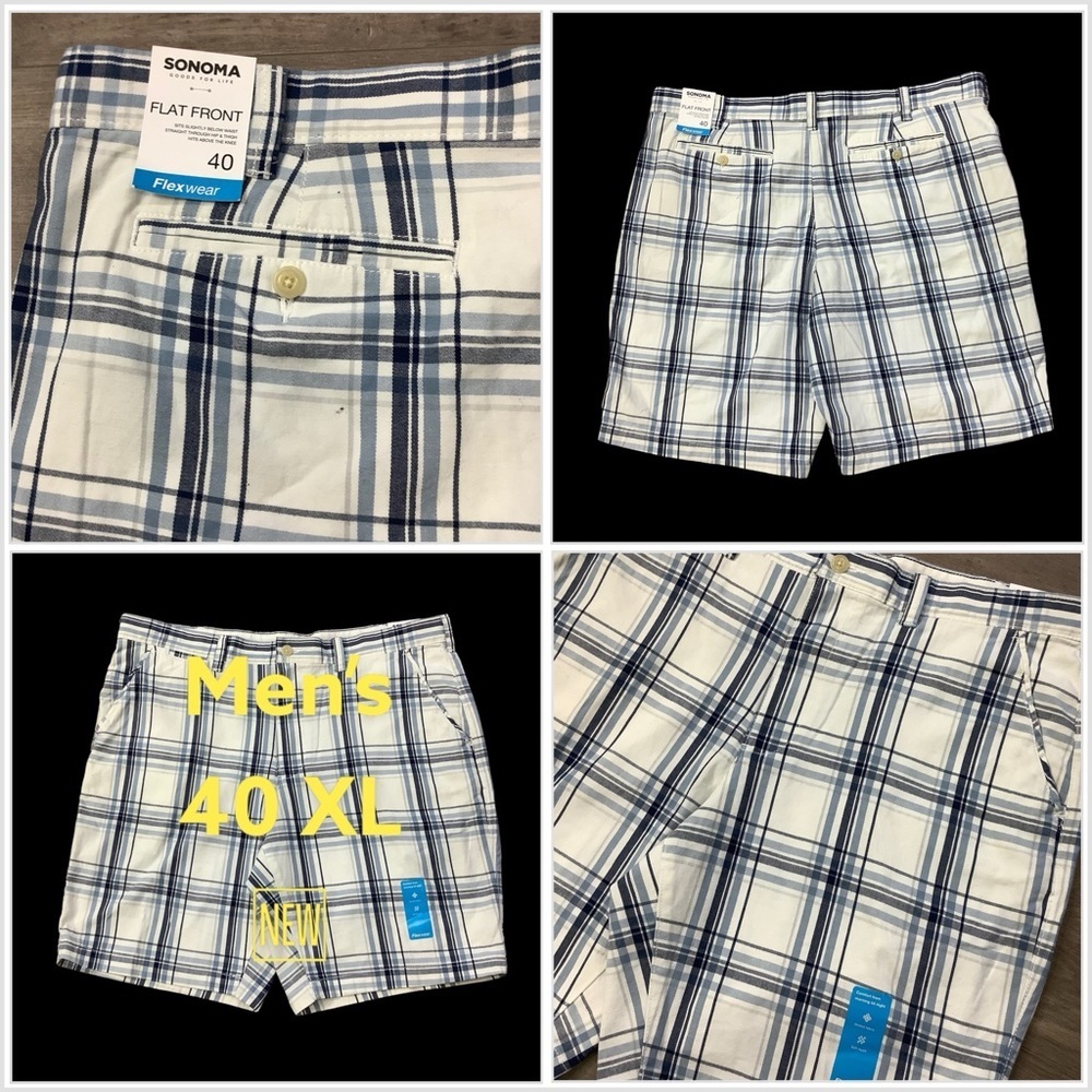 Men's Sonoma 40 XL Shorts Chino Khakis Plaid White Blue Stretch Flex Wear NWT